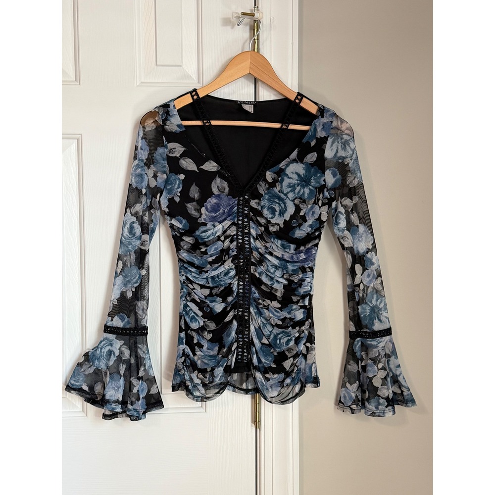 Venus Floral Fairy Mesh Bell Sleeve Top Womens XS Blue Ruched Y2K Boho Blouse - Picture 2 of 12